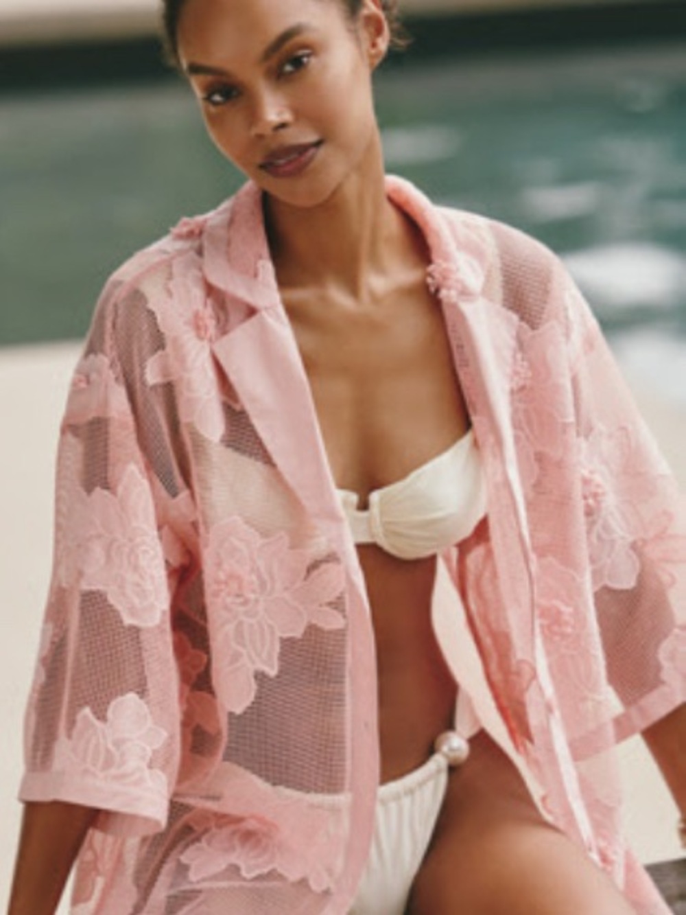 Anthropologie Sheer Floral Embroidered Short-Sleeve Shirt - Coral